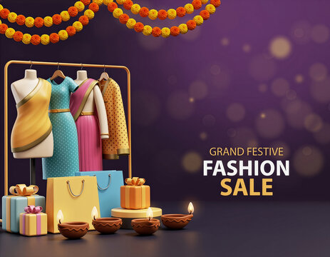 Grand Festive Fashion Sale Banner With Traditional Diwali Decorations and Clothing Display