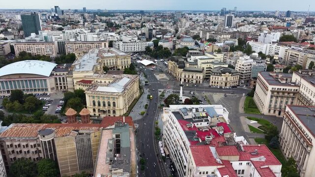 Aerial view of Calea Victoriei avenue cityscape in Bucharest city, Romania