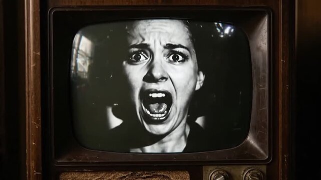 Vintage television showing no signal static and screaming woman