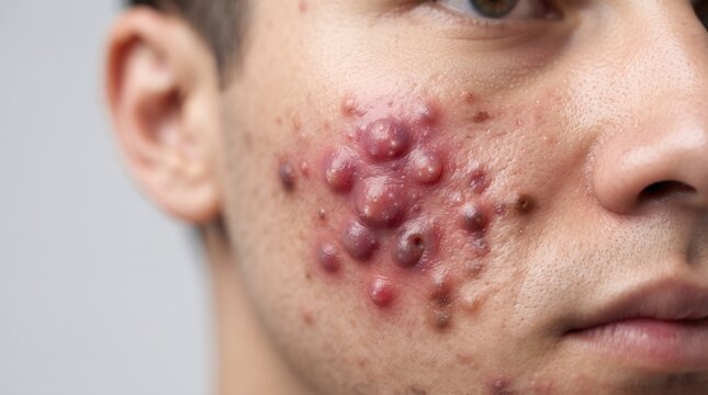 Extreme close-up of extremely severe cystic acne conglobata with multiple purulent nodules on young man's cheek