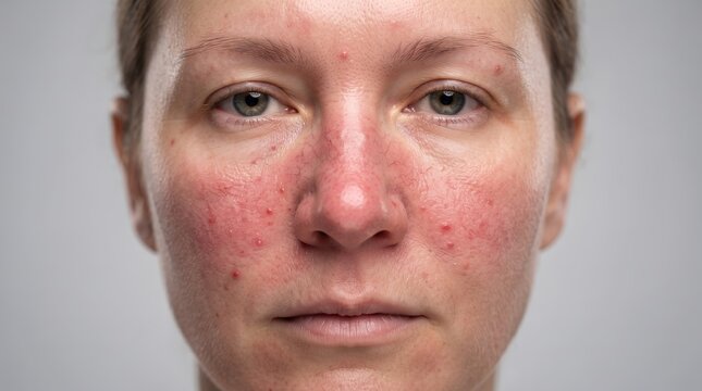 Close up of a woman face with severe rosacea erythema and inflammatory papules on nose and cheeks