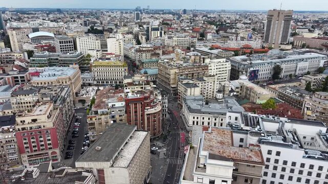 Aerial shot of historic city center architecture in Bucharest, Romania