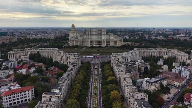 Drone flight over Unirii Boulevard toward Palace of Parliament, Romania