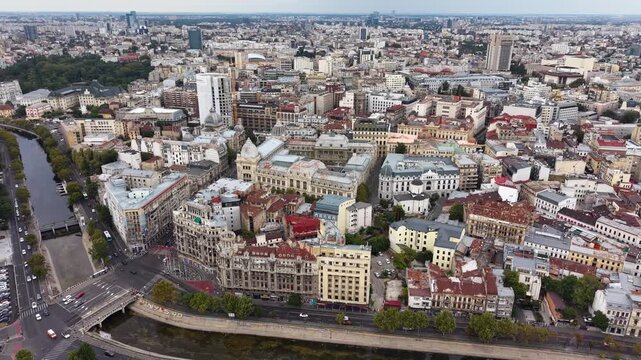 Aerial shot of Lipscani Old Town and Dambovita River in Bucharest, Romania