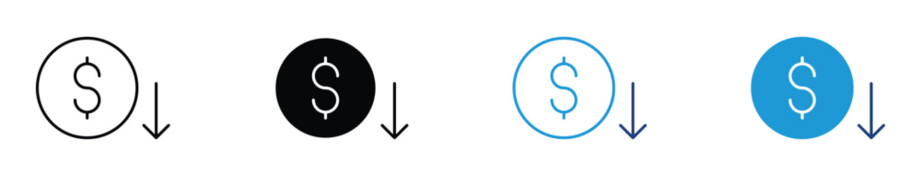 Low cost icon. Dollar decrease sign. profit decrease symbol. cost saving sign. vector illustration on transparent background.