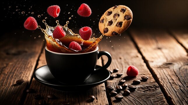 Black coffee splashes from cup as chocolate chip cookie, red raspberries fall. Dynamic motion of liquid, fruit on rustic wooden table. Delicious breakfast snack with hot caffeine beverage, sweet