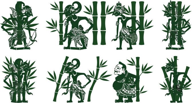 Traditional Indonesian Wayang Kulit Shadow Puppet Green Silhouette Icon Set Featuring Classic Characters Integrated with Asian Bamboo Forest Background Elements for Cultural Designs