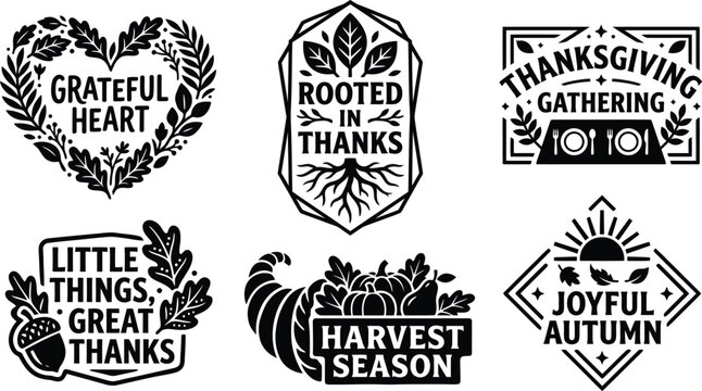 Thanksgiving border design collection with grateful heart botanical foliage frame, rooted in thanks tree root geometric badge, thanksgiving gathering dinner plate label, little things great thanks aco