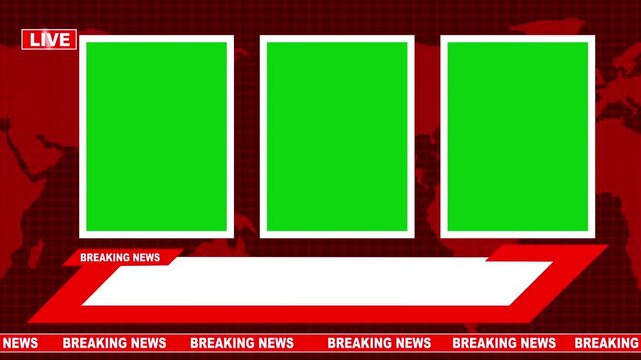 Breaking news broadcast template with triple green screen windows and map background, news template chroma key.
