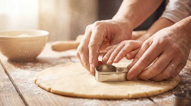 Parent and child hands baking together, cutting heart cookie dough in morning light.