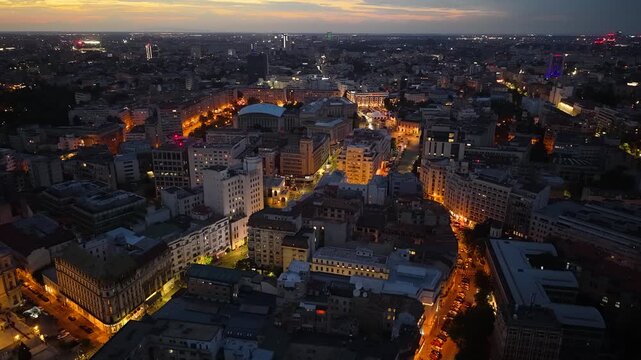 Night aerial view of Old Town skyline in Bucharest city, Romania