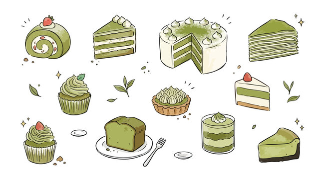 Matcha cake dessert doodle set isolated on white. Green tea bakery cakes and pastries illustration. Japanese matcha sweet food collection set.