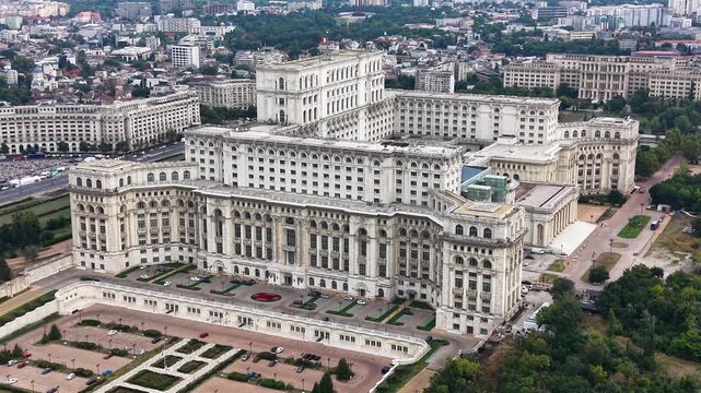 Drone shot of Palace of the Parliament in central Bucharest, Romania