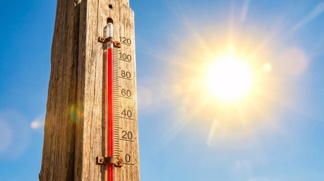 Classic wooden outdoor thermometer shows a high red reading against a brilliant blue sky with a glowing sun in an extreme summer heatwave
