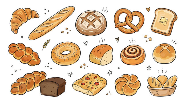 Fresh bakery bread icon set colored doodle illustration. Assorted delicious pastry croissant pretzel bagel drawing. Wheat baked goods collection element.