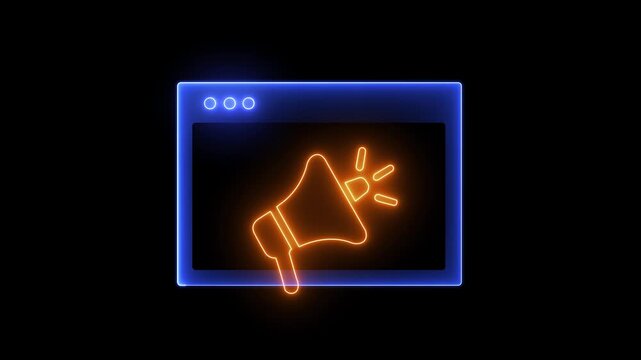 Neon digital marketing with megaphone and browser window animation for online advertising concepts.