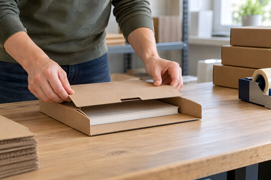 Hands folding a cardboard flap over a book for packing