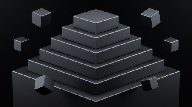 Minimalist 3D dark pyramid composed of stacked square podium steps with floating generated using ai