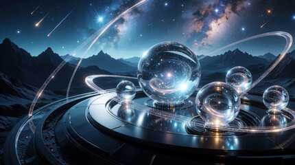 Fototapeta premium Futuristic translucent glass spheres with glowing orbit rings float above dark tech platform. Abstract cosmic landscape shows starry galaxy nebula, mountains under night sky. Sci-fi digital art