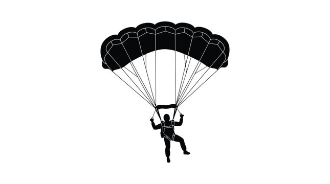 Skydiver silhouette floating with open parachute in white vector graphic style design illustration