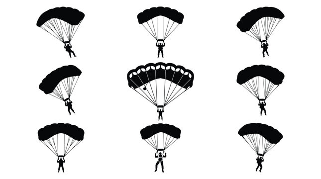 Skydiver silhouette vector collection showing various parachuting postures and aerial maneuvers for extreme sports