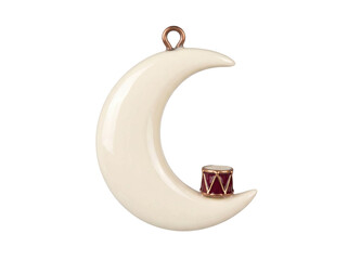 Ceramic crescent moon Christmas ornament with a small decorative drum on a transparent background © Gandalf
