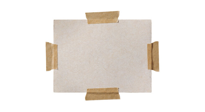 Blank rectangular piece of textured paper attached with adhesive tape isolated on transparent background