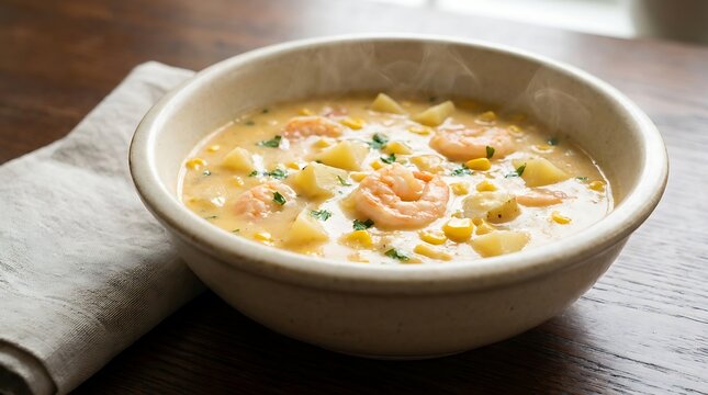 Creamy corn chowder soup in a ceramic bowl served on a rustic wooden table for a healthy lunch meal. beginner seafood recipes