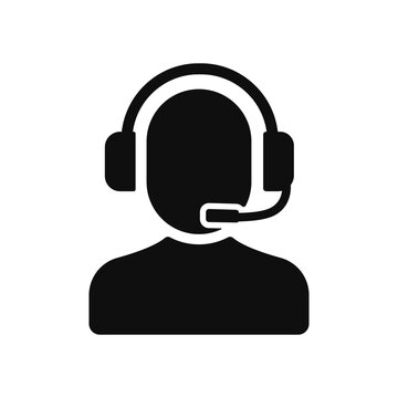 Black silhouette icon of a person wearing a headset with a microphone for customer service support center communication and help desk assistance representing call center operator agent