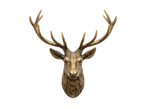 Ornate bronze deer head wall mount sculpture isolated on a clean white studio background