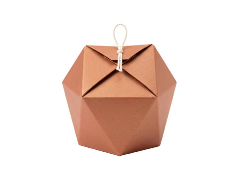 Geometric brown paper gift box with a simple white string handle isolated on transparent background