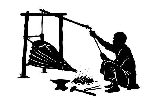 Blacksmith silhouette operating traditional bellows in a vintage style metal workshop