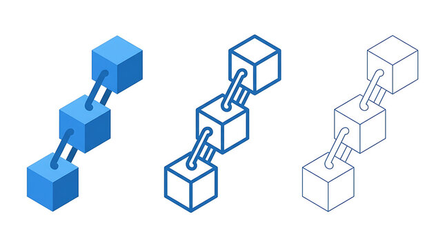 Blockchain technology isometric cubes connected by links isolated on