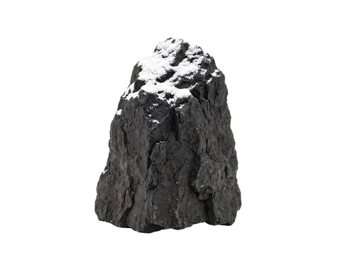 Single jagged dark rock formation with a dusting of fresh white snow isolated on transparent background