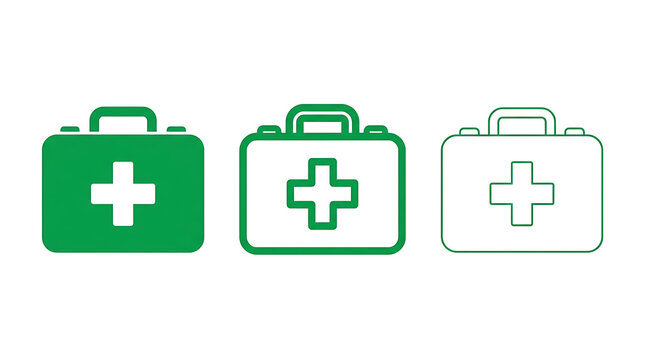 Set of green medical first aid kit icons isolated on transparent