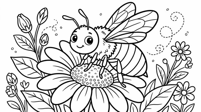 Cute Honey Bee Collecting Nectar on a Large Flower Coloring Page for Kids, Adorable Bumblebee Illustration in Black and White Line Art Drawing