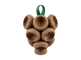 Handmade rustic Christmas ornament crafted from natural brown acorn caps with green ribbon loop © Gandalf
