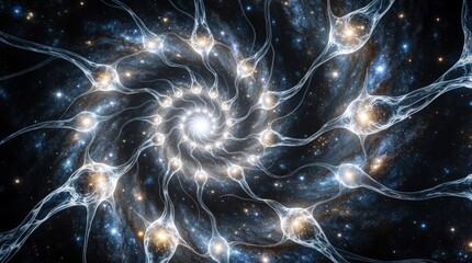 Fototapeta premium Abstract spiral galaxy with glowing neural network connections. Cosmic energy flow forms swirling pattern in deep space. Digital art shows cosmic web brain neurons connecting stars. Sci fi background