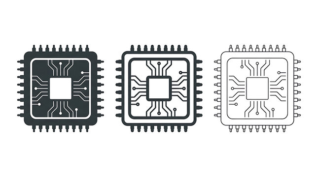 Set of computer processor chip icons isolated on transparent