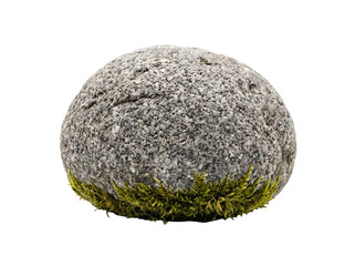 Single rounded grey granite stone with vibrant green moss isolated on a clean transparent background © Gandalf