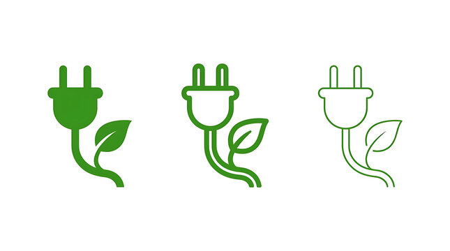 Green energy electric plug icons with leaf symbol isolated on