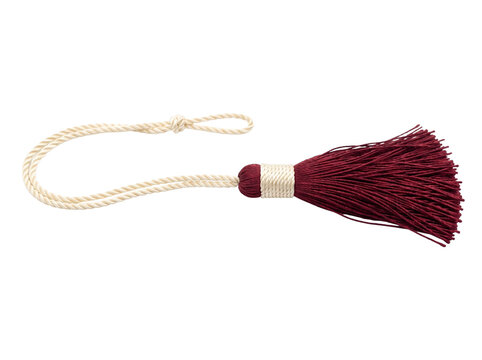Elegant decorative tassel with a deep burgundy fringe and a cream colored braided rope cord