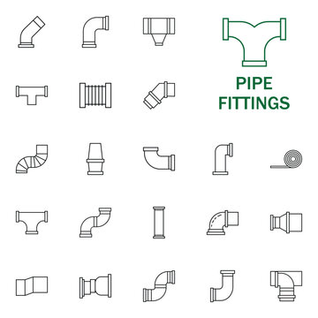Pipe fitting line icons set featuring elbow joint, tee connector, reducer, and flange symbols editable vector icon set for plumbing and construction