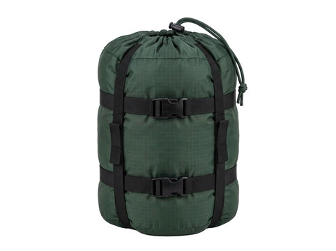 Green compression sack for sleeping bag with black straps and buckles on transparent background