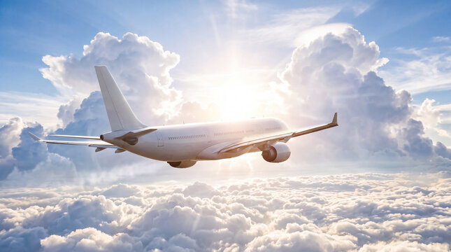 Flying commercial airplane from behind between hughe clouds and the deep sun in the background. Traveling, flying, holiday, vacation, travel destination, tourism, business trip, horizon.