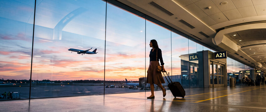 Woman with a suitcase, cabin trunk walks along the gate at the airport during sunset, airplane takes off in the background. Travel destination, business trip, arrival, departure, boarding.
