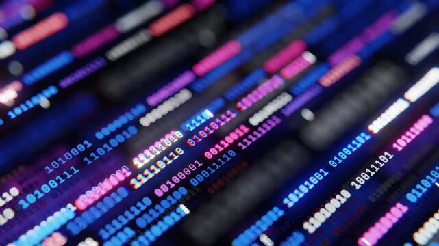 Neon binary code on a dark technology background in a seamless loop