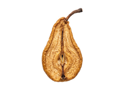 A single dried pear slice isolated on a transparent background showing detailed organic fruit texture