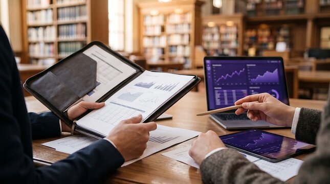 Close-up of analysts reviewing corporate statistical printouts and indigo violet charts