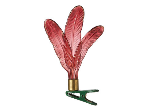 Vintage style red glass feather Christmas tree ornament with a green metal clip attachment